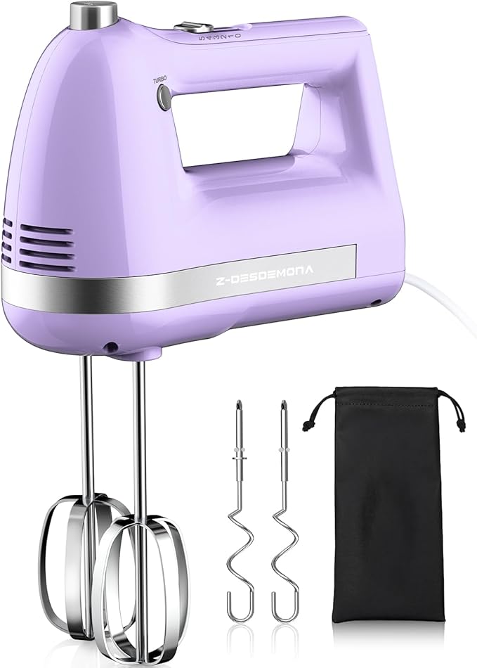 Z-DESDEMONA Electric Hand Mixer, Powerful 300W Hand Mixer Electric Handheld with 304 Beaters, Dough Hook,Hand Held Mixer with Turbo for Baking Cakes, Eggs, Cream Food(Purple)