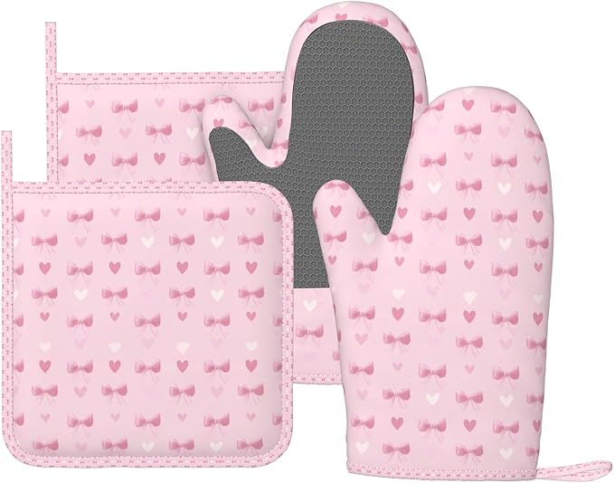 Oven Mitts and Pot Holders Heart Pink Bow Pattern Silicone Kitchen Accessories Set of 4 Heat Resistant Long Gloves Potholder Non-Slip Grip for Chef Cooking Baking Grilling BBQ