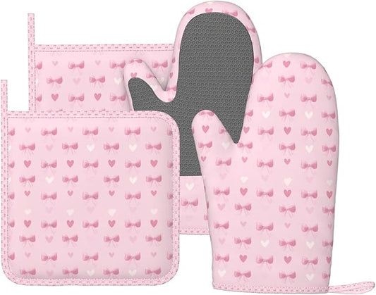 Oven Mitts and Pot Holders Heart Pink Bow Pattern Silicone Kitchen Accessories Set of 4 Heat Resistant Long Gloves Potholder Non-Slip Grip for Chef Cooking Baking Grilling BBQ