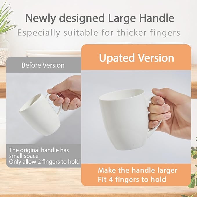 AntoKueh 16OZ White Ceramic Coffee Mugs, Porcelain Mugs Set of 6 with handle for hot cocoa, tea, milk, Cappuccino, Microwave Safe