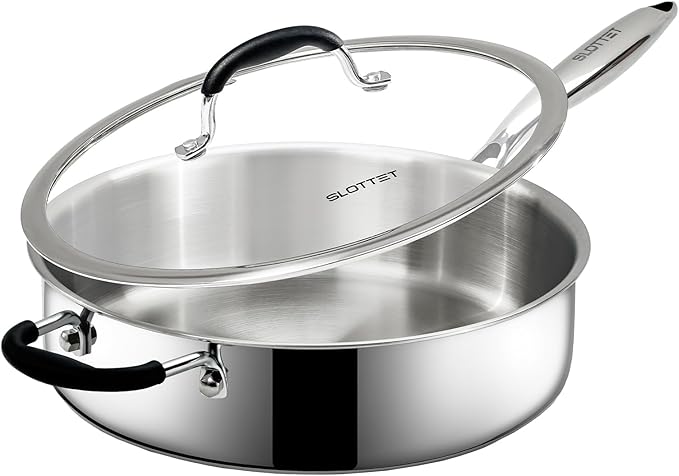 SLOTTET Tri-Ply Stainless Steel Saute Pan with Lid, 5 Quart Deep Sauté Pan with Stay Cool Handle,11.5 Inch Frying Pan,Dishwasher and Oven Safe,Induction Stainless Steel Cookware