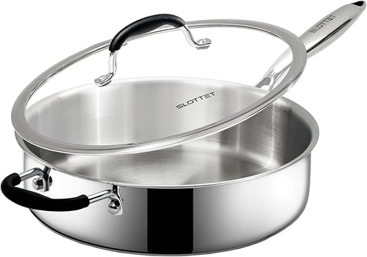SLOTTET Tri-Ply Stainless Steel Saute Pan with Lid, 5 Quart Deep Sauté Pan with Stay Cool Handle,11.5 Inch Frying Pan,Dishwasher and Oven Safe,Induction Stainless Steel Cookware