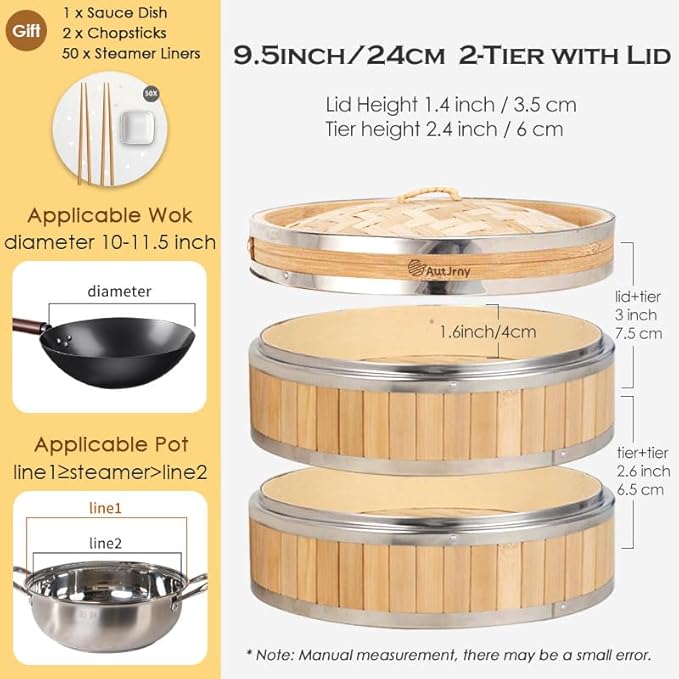 9.5-Inch Vertical Bamboo Steamer Basket, 2-Tier with Stainless Steel Rings | 50 Liners, Sauce Dish & 2-Chopsticks | Cooking Pot for Buns Dumplings Rice Vegetables Dim Sum