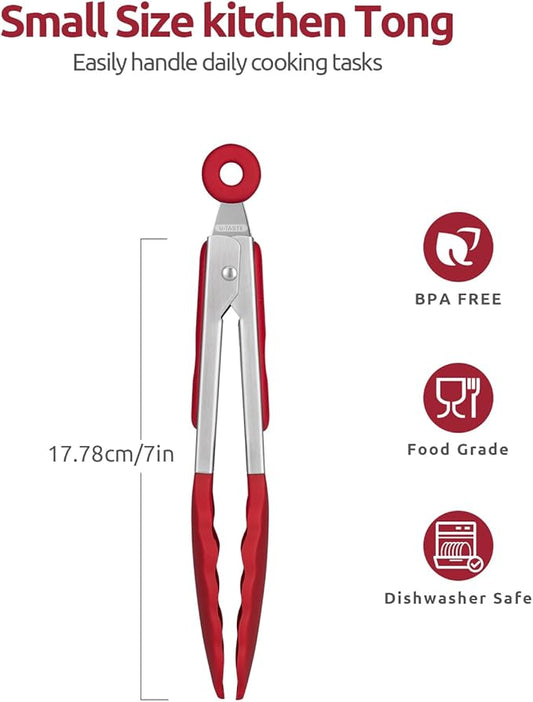 600ºF Heat Resistant Kitchen Tong: U-Taste 7 inch Silicone Cooking Tong with Firm Sealed Non Stick Rubber Tips & Silicon Coated 18/8 Stainless Steel Handle & Smooth Locking for Serving Salad (Red)