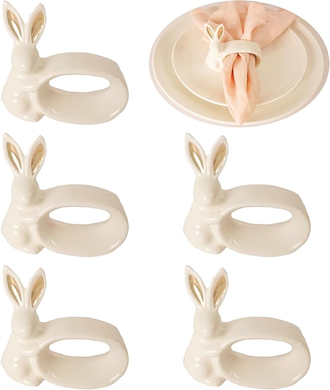 Easter Bunny Porcelain Napkin Rings Set of 6, Rabbit Napkin Ring Holders, White Bunny Ceramic Napkin Rings for Easter, Spring Party, Banquet, Dinner, Wedding Table Decor