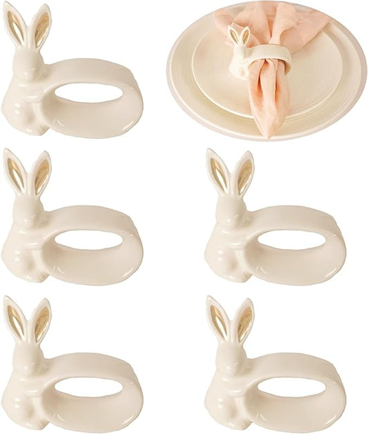 Easter Bunny Porcelain Napkin Rings Set of 6, Rabbit Napkin Ring Holders, White Bunny Ceramic Napkin Rings for Easter, Spring Party, Banquet, Dinner, Wedding Table Decor