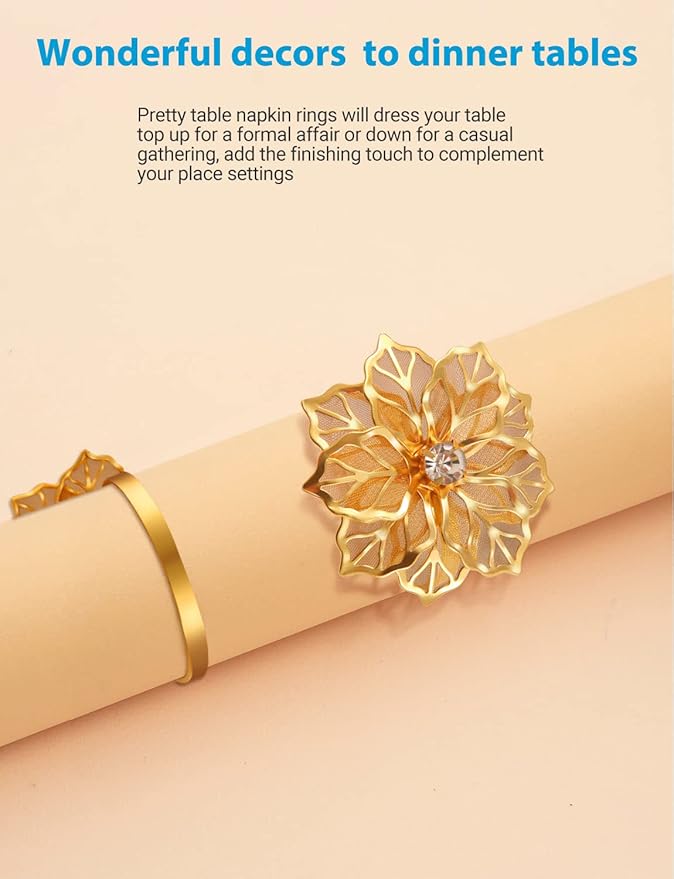 12 Pack Flower Napkin Rings Holders Clear Rhinestone Décor Dinner Party Wedding Christmas Gathering