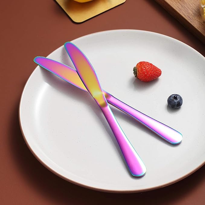 Berglander Rainbow Dinner Knives Set Of 4, Stainless Steel Titanium Plating Shiny Colorful Dinner Knife, Mutil Color Butter Knife Spreader Table Knives Sturdy And Dishwasher Safe