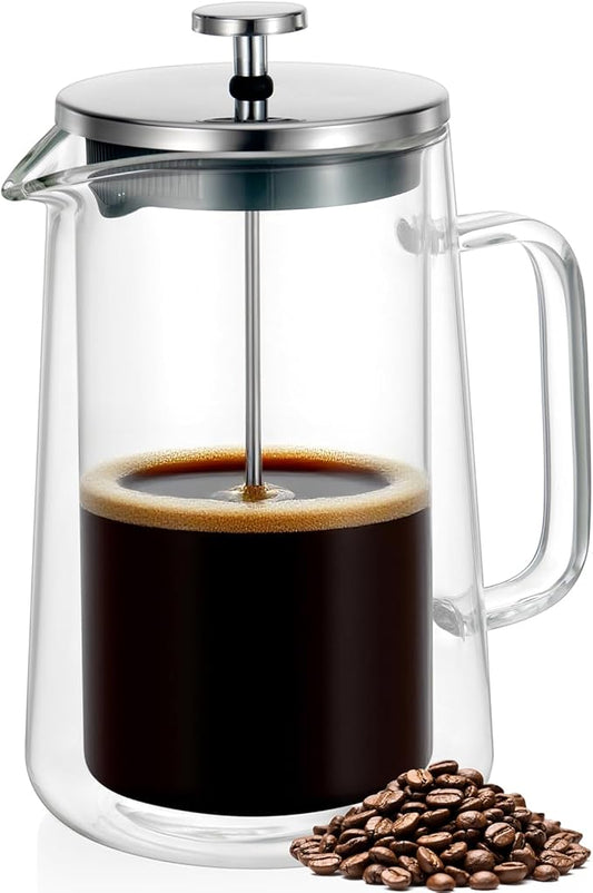 PanSukided French Press Coffee Maker 34Oz (1 Liter), DoubleWall Insulated Borosilicate Glass, Heat-Resistant Design, Stainless Steel Filter for Coffee, Tea & Cold Brew