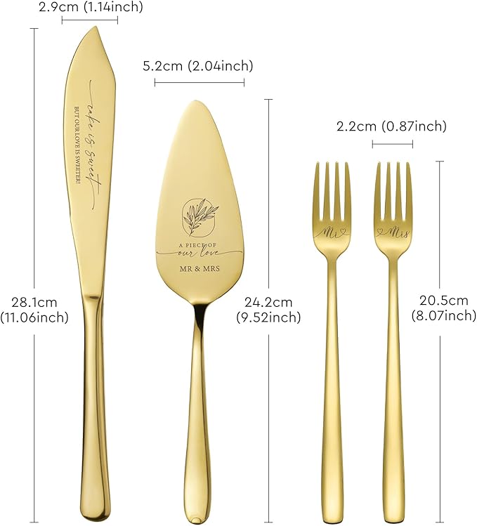 AW BRIDAL 4Pcs Wedding Cake Cutting Set with Forks, Stainless Steel Engraved Wedding Cake Knife Pie Server Gifts for Bridal Shower Engagement, Gold