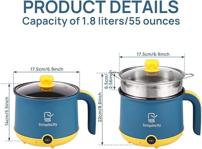 Electric Hot Pot with Steamer 1.8L/55oz, Stainless Steel Non-Stick Ramen Pasta Cooker,Portable Travel Cooker Quick Cook Multi-Functional Electric Skillet for Egg Soup Porridge