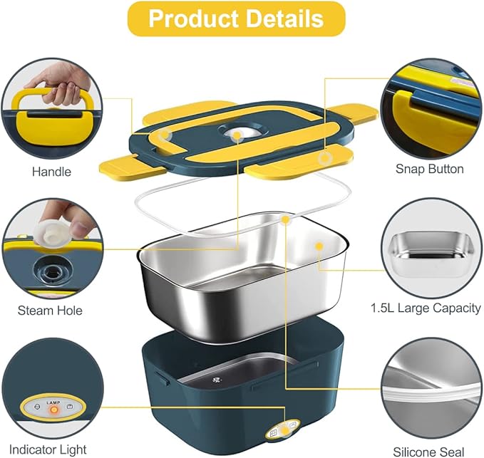 [ 2025 Upgrade]Electric Lunch Box 1.5L Food Heater, Portable 60W Food Warmer for Car and Home, with Detachable 304 Stainless Steel Container Fork and Spoon
