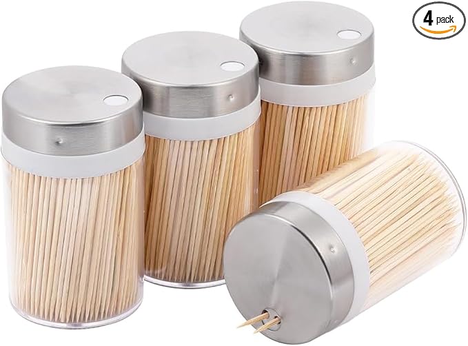 Toothpick Holder, 2000 Count Bamboo Toothpicks with 4 Reusable Toothpick Dispenser, Sturdy Smooth Health Toothpicks for Party, Bar, Olive, Barbecue, Fruit and Teeth Cleaning