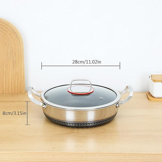 STEHEMO Hybrid Stainless Steel Saute Pan with Lid, Non Stick Frying Pans, Induction Large Skillet, Cooker Pan for Chefs, Dishwasher & Oven Safe,11.02IN