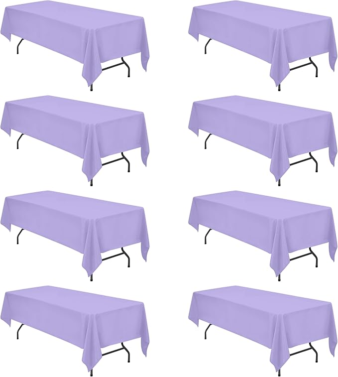BRILLMAX 8 Pack Lavender Tablecloths 60 x 126 Inch for 8ft Rectangle Tables - 150 GSM Polyester Fabric, 15" Standard Drop, Water, Stain & Wrinkle Resistant Cloth Cover for Wedding Dining Buffet