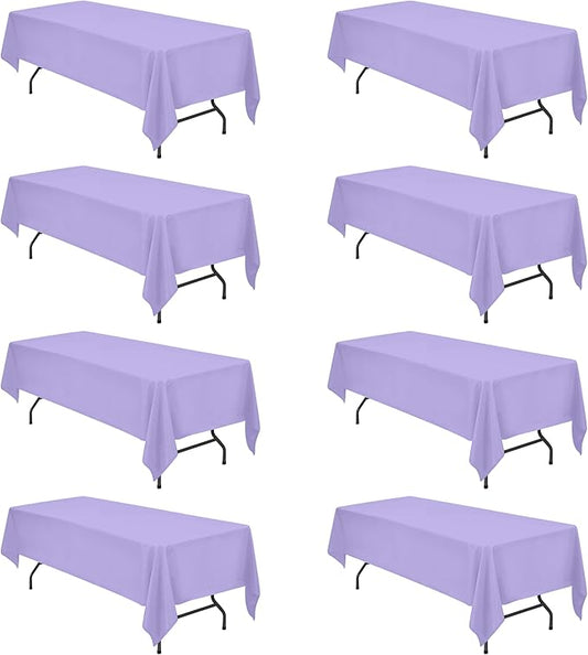 BRILLMAX 8 Pack Lavender Tablecloths 60 x 126 Inch for 8ft Rectangle Tables - 150 GSM Polyester Fabric, 15" Standard Drop, Water, Stain & Wrinkle Resistant Cloth Cover for Wedding Dining Buffet