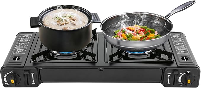 Camping Stove, Portable Butane Camping Stove, Propane Stove 2 Burner Propane Gas Stove, Double Auto Ignition Camping Burner LPG for RV, Apartments, Motorhome, Outdoor, Indoor