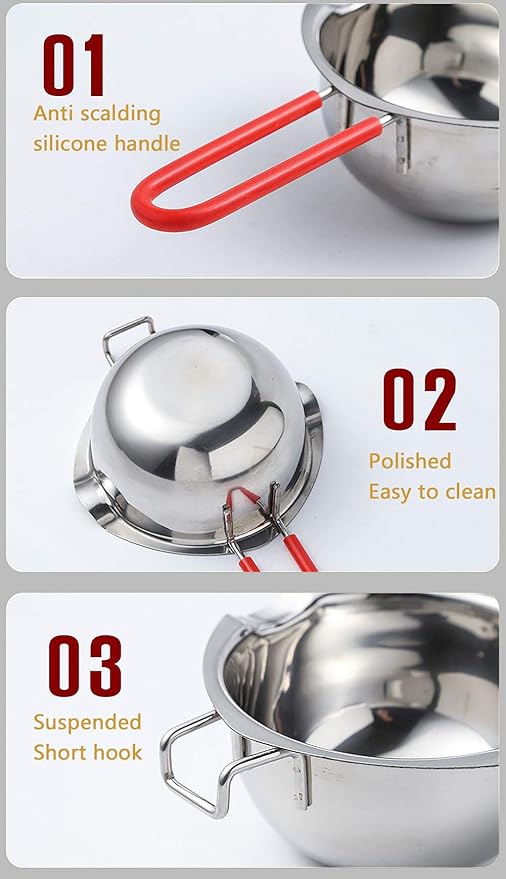 Stainless Steel Double Boiler Pot, 600ML Updated Melting Pot with Silicone Spatula for Melting Butter,Chocolate, Candy, Cheese and Caramel (Red)