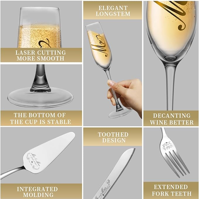 Mr and Mrs Champagne Flutes, Bride and Groom Champagne Glasses, Wedding Cake Knife and Server Set, Cake Cutting Set for Wedding, Bridal Shower Gifts, Engagement Gifts for Couples (Gold, Set of 6)