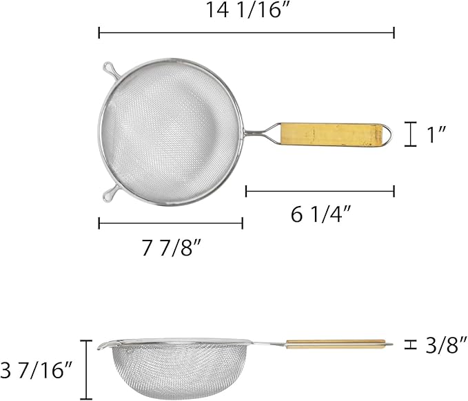 TrueCraftware- 8-Inch Single Fine Mesh Strainer Stainless Steel 6-1/2" Handle Length Wooden Handle- Kitchen Utensil Food Strainer Skimmer Spoon for Cooking Sieve Sifters Rice Pasta Fruits Vegetable