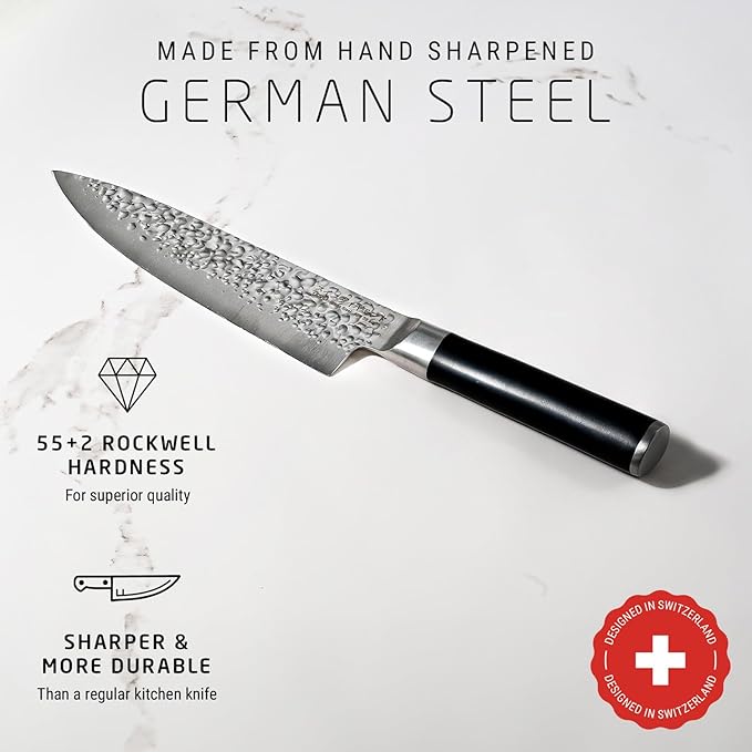 Swiss Diamond Chef Knife, German Steel With ABS Handle, Half Tang Handle, Hammered Blade Chef Knives Professional Grade, 55+2 Rockwell Hardness, 8 Inch