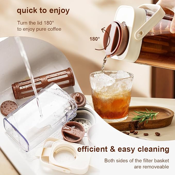 Xarfxco Cold Brew Coffee Maker, 1L/35oz Portable & Durable Iced Tea and Coffee Brewer, Leak-Proof & BPA-Free, Removable Mesh Filter For Easy Cleaning & Using, Dishwasher Safe, Space Saving.