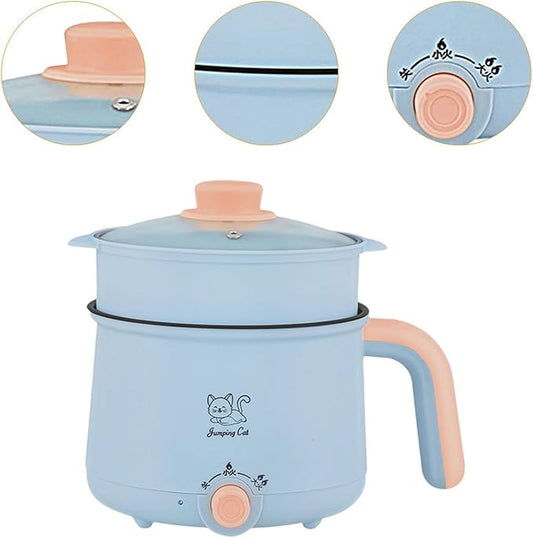 Electric Hot Pot 1.8L Ramen Cooker Cookware Multipurpose Soup Pot Noodles Pot Electric Cooker for Oatmeal Ramen Noodles Steak, Pot and PP Steamer