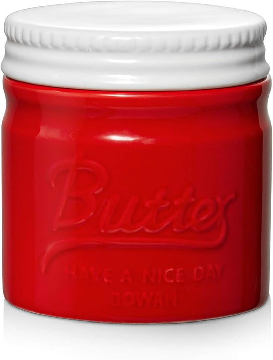 DOWAN Butter Dish for Christmas, Porcelain Butter Keeper Crock, French Butter Dish with Lid, Embossed Butter Container for Soft Butter, Big Capacity & Humanized Water Line, Christmas Gift