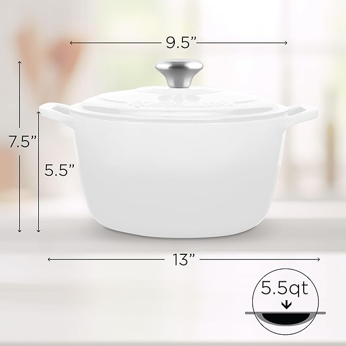 ROSSALLINI Signature Enameled Cast Iron Dutch Oven, Non-Stick Serving Pot with Tight Fitting Lid for Perfect Roasting, Baking, Sauteing, and Bread Making | 5.5Q (5.2L) - White