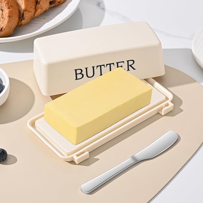 Butter Holder With Lid And Knife,Food Grade Plastic Butter Dish For Countertop,Large Butter Storage Container With Cover,White