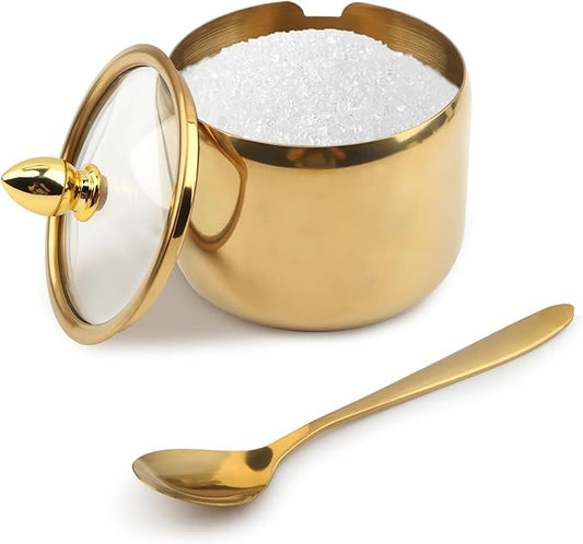 10oz Sugar Bowl with Lid and Spoon, Durable Sugar Pot for Coffee Bar Accessories, Stainless Steel Holder Jar for Salt, Tea, Candy, Home and Kitchen Storage(Gold)