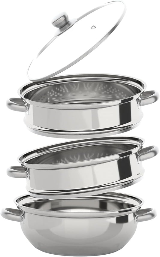 3 Tier Stainless Steel Steamer, 12.8in Multifunctional Steamer Pot Meat Vegetable Cooking Steam Pot Kitchen Steamers Cookware with Transparent Pots Lid for Vegetable Dumpling Stock Sauce