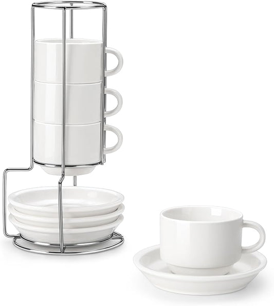 MALACASA 4 OZ Porcelain Espresso Cups with Saucers and Metal Stand Set of 4, Stackable Cappuccino Cups, White Expresso Shots Cup Set for Coffee Drinks, Latte, Tea