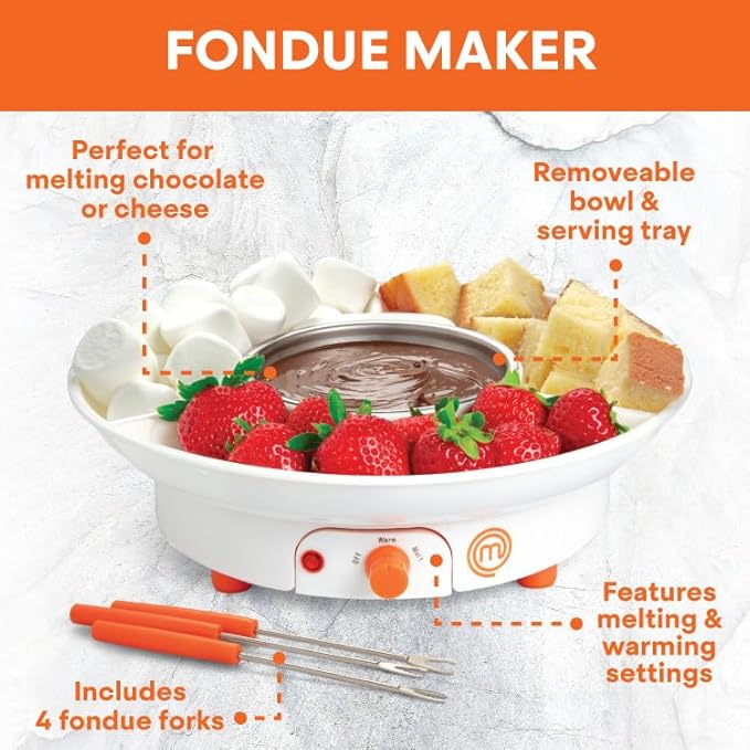 MasterChef Chocolate Fondue Maker- Valentine Must Have- Electric Dessert Fondue Pot Set w 4 Forks, Party Serving Tray- Melt Warm Settings for Caramel Cheese- Charcuterie Appetizers, Sweet Gift for Her