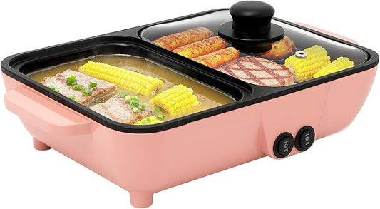 2-in-1 Hot Pot with Grill, 1200W Electric Korean BBQ Grill with Non-Stick Coating, Dual Temperature Control for 1-4 People