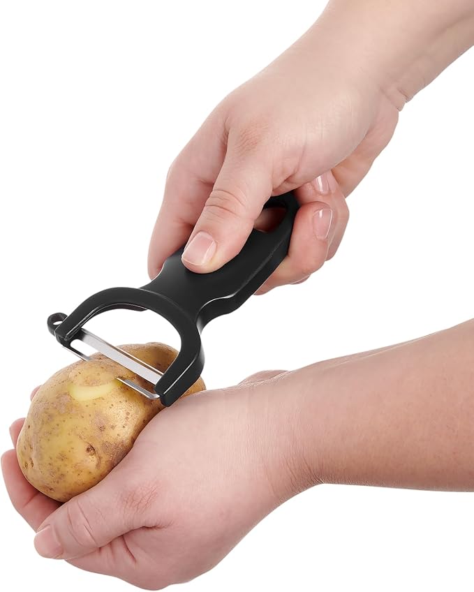 CatCora Swiss-Style Peeler, Professional German Tempered Stainless Steel Blade For Peeling Fruits and Vegetables and Garnishing, Ergonomic Contoured Handle, Black