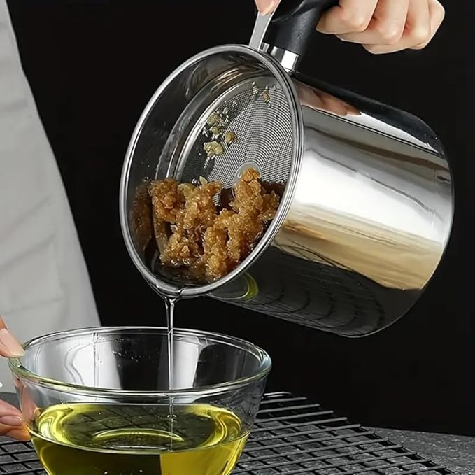 Bacon Grease Container with Strainer & Lid, 43oz Stainless Steel Grease Saver for Kitchen, Leakproof Oil Keeper with Non-Slip Handle, Fry Fat Storage Organizer for Cooking Oil/Grease