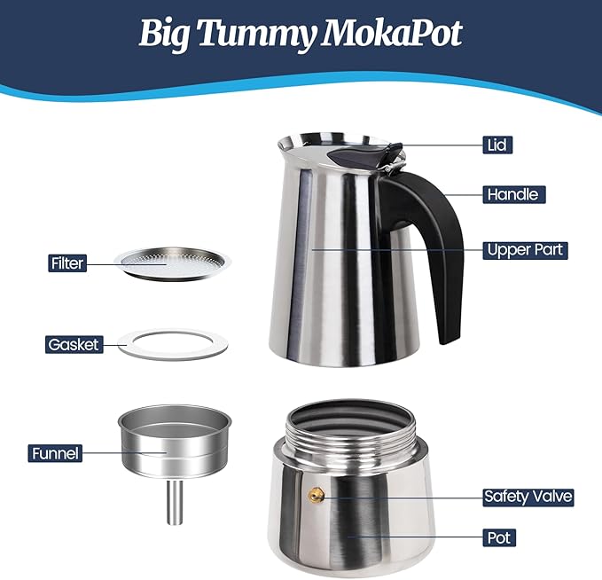 Supvision 2 Cup Moka Pot Stainless Steel 100ml Italian Espresso Coffee Maker Stovetop Coffee Makers Mocha Pot Percolator Greca Coffee Maker for Induction Stove Portable for Easy Brewing Straight