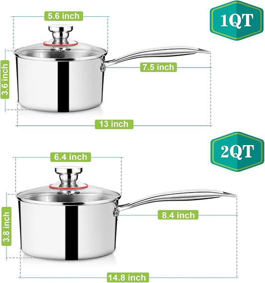 P&P CHEF 1 & 2 Quarts Tri-Ply Stockpot and Saucepan, Stainless Steel Sauce Pan with Lid, Cooking Induction Pot, Kitchen Cookware for All Stoves, Non-Toxic, Durable & Dishwasher Safe, 2 Pieces