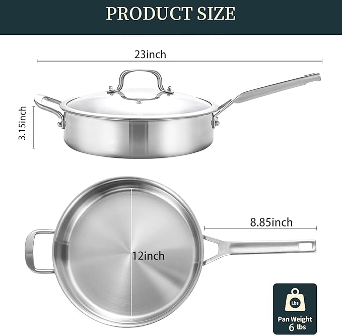 Yeksum Tri-Ply Stainless Steel Saute Pan 6QT, 12 Inch Deep Frying Pan with Lids, 3-layer Saute Pan with Lid Large Skillet with Stay Cool Handle, Induction Pan, Dishwasher and Oven-Safe