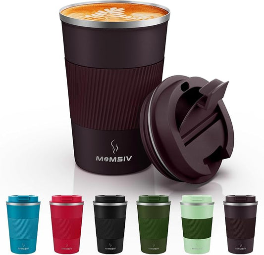MOMSIV 12oz Travel Mug, Insulated Coffee Cup with Leakproof Lid, Vacuum Stainless Steel Double Walled Reusable Tumbler for Hot and Cold Water Coffee and Tea In Travel and Car (Brown)