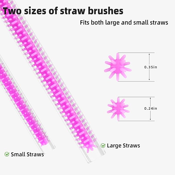 Silicone Straw Cleaner Brush, 4-Piece Reusable Straw Brush Set with Extra-Long Design for Cleaning Thin Metal Straws and Wider Milkshake Straws （6mm+9mm Purple)