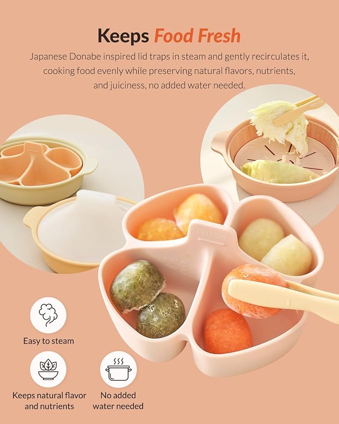 Moyuum Silicone Microwave Divided Steamer | Made in Korea, Baby Food Maker Bowl with 4 Compartment Divider and Steaming Tray, Steam Cooking Pot for Purees and Vegetables, Dishwasher Safe - Mustard
