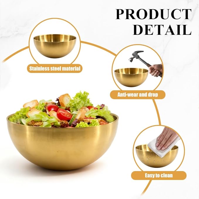 10 Pcs 5.9 Inch Golden Stainless Steel Mixing Bowls - Decorative Esthetician Bowls for Baking, Facial, Salad, Fruit, Candy | Perfect for Thanksgiving, Christmas, Weddings & First Holy Communion