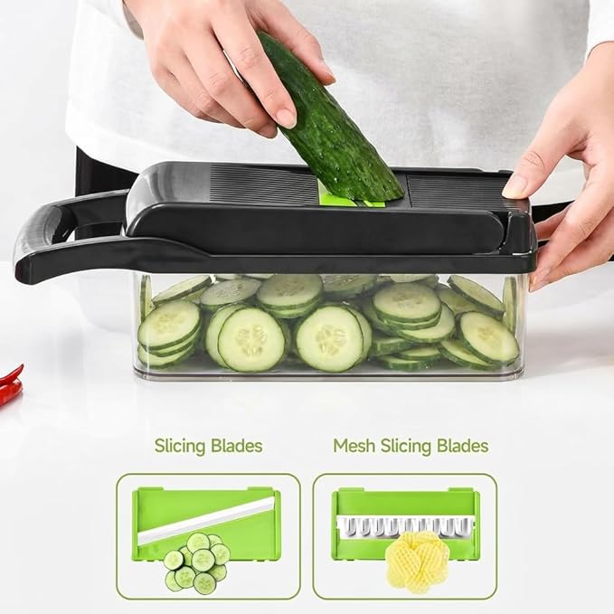 Vegetable Chopper, Food Veggie Chopper, Onion and Vegetable Slicer with Container, Dicer, Kitchen Gadget and Essential (15 in 1, Gray-Green)