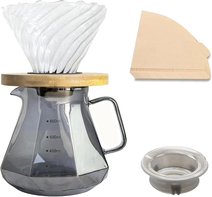 V60 Pour Over Coffee Maker Set with 100 Paper Filters, Glass Dripper and 20 oz Carafe, Manual Drip Coffee Brewer with Bamboo Base for Home or Office, Barista Style Pour Over Kit
