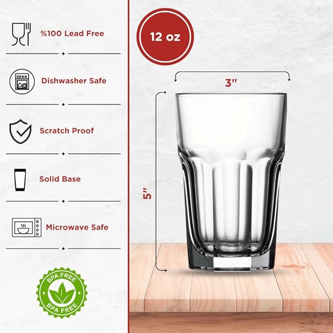 Drinking Glasses Set of 24, 12.5 oz Water Glasses – Durable Glassware for Juice, Milkshake, Coffee Glasses, Beer Glasses, Cocktail Tumblers, Heavy Base, Dishwasher Safe Kitchen & Party Use