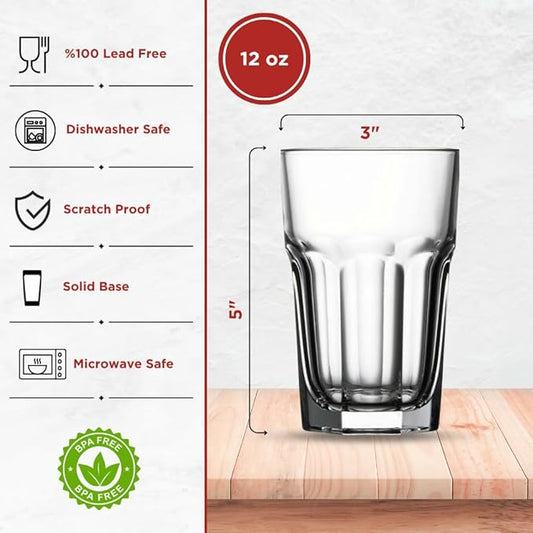 Drinking Glasses Set of 24, 12.5 oz Water Glasses – Durable Glassware for Juice, Milkshake, Coffee Glasses, Beer Glasses, Cocktail Tumblers, Heavy Base, Dishwasher Safe Kitchen & Party Use