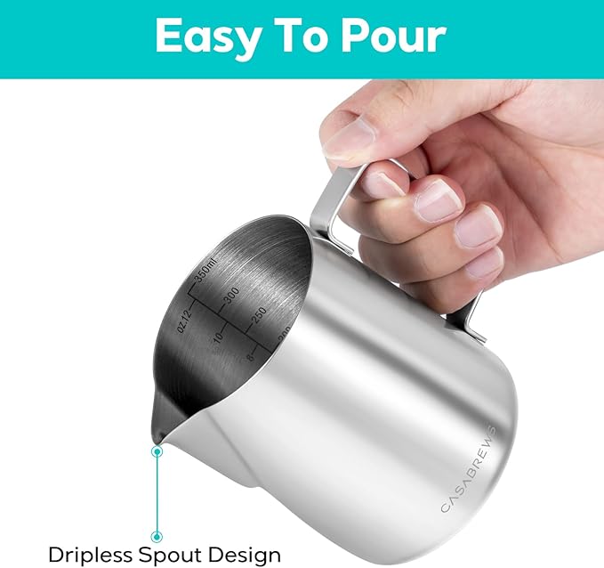 CASABREWS CASMP350 Milk Frothing Pitcher, Stainless Steel Steaming Pitcher with Sharp Spout, 350ml (12oz) Milk Frother Cup for Cappuccino or Latte Art, Espresso Machine Accessories for Barista