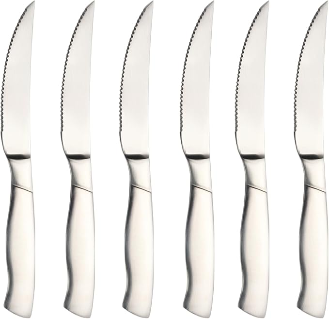 Professional Grade Steak Knives Set of 6 - Restaurant Quality Serrated Edge, Ergonomic Handle, Dishwasher Safe Stainless Steel Cutlery